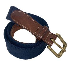 Vintage Lands End Canvas Chino Belt Mens 40 Navy Brown Leather Brass Buckle